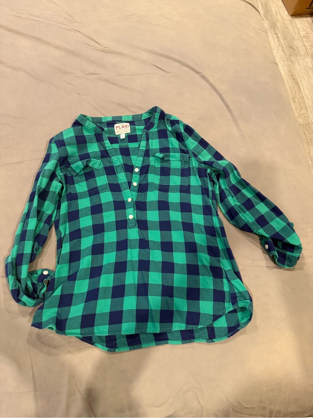 Old Navy Green and Navy Check Button-Front Woman’s Top